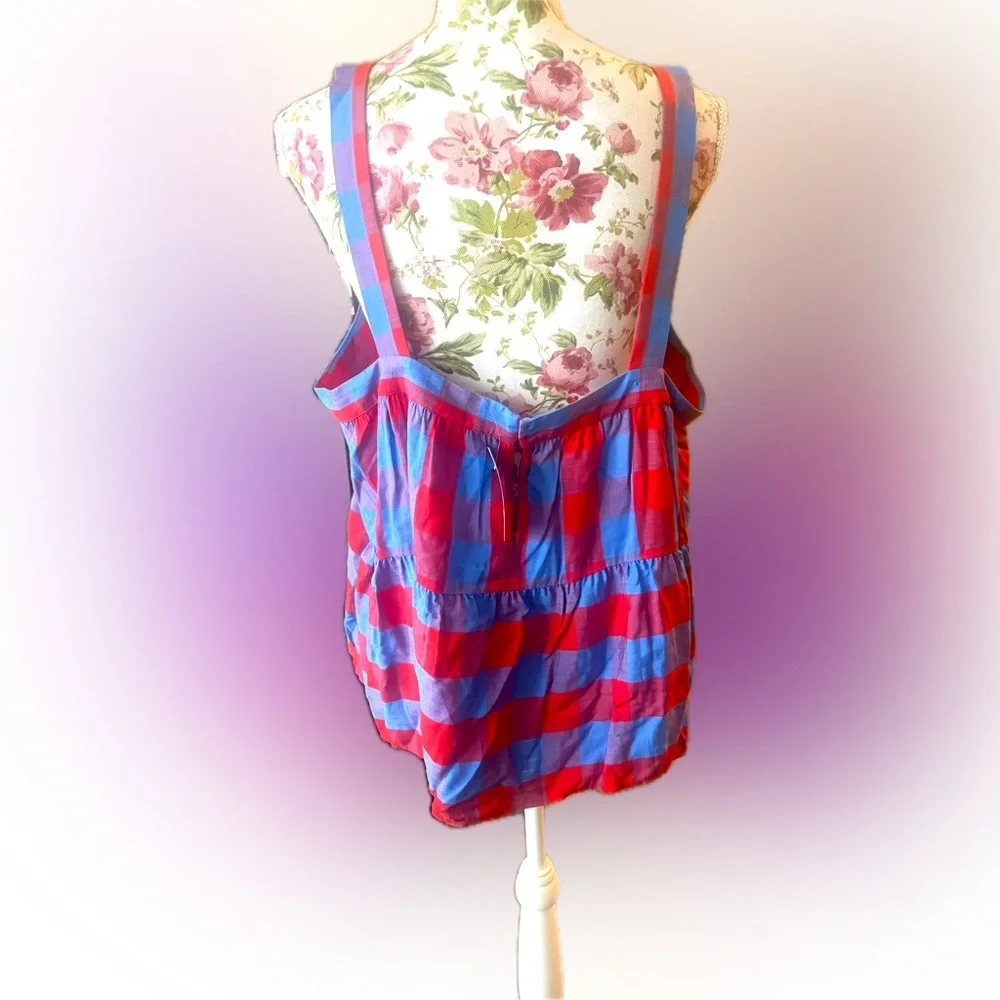 LOFT Tank Red Blue Check Plaid Ruffle Cotton Cropped Size XXL - Picture 3 of 4